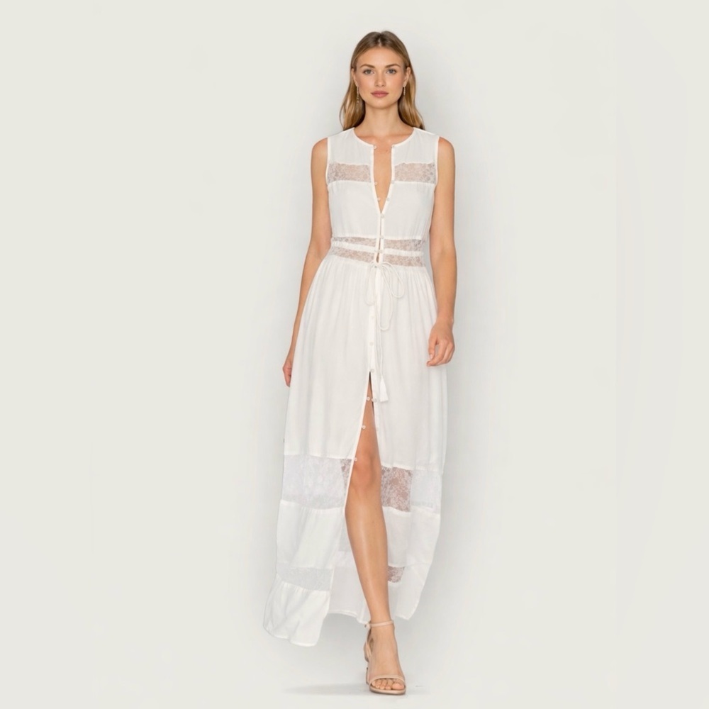 Yumi Kim Dream Weaver Sleeveless Maxi Dress White Lace Button Front L Runs Small